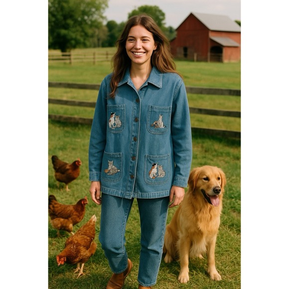 VTG Passion Embroidered Cat Denim Jacket Grannycore Whimsical Country Chic - Picture 1 of 7